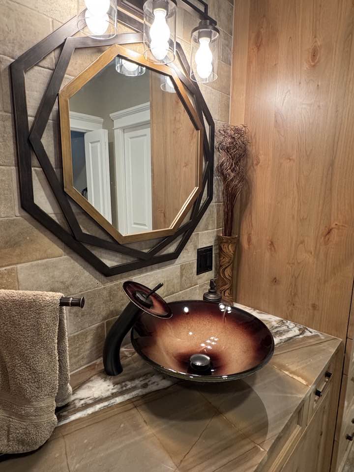 Close up of new sink, vanity an mirror